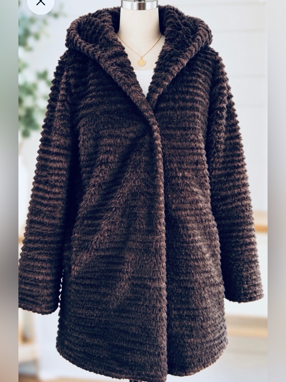 Catherine Malandrino Faux Fur Coat Hooded Brown Teddy Plush Medium